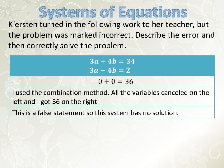 Systems of Equations Kiersten turned in the following work to her teacher, but the