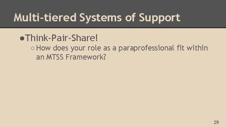 Multi-tiered Systems of Support ●Think‐Pair‐Share! ○ How does your role as a paraprofessional fit