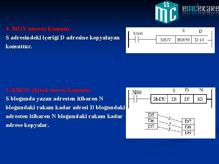 4. MOV (move) Komutu: S adresindeki içeriği D adresine kopyalayan komuttur. 5. BMOV (block