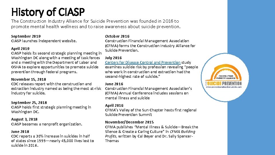 History of CIASP The Construction Industry Alliance for Suicide Prevention was founded in 2016