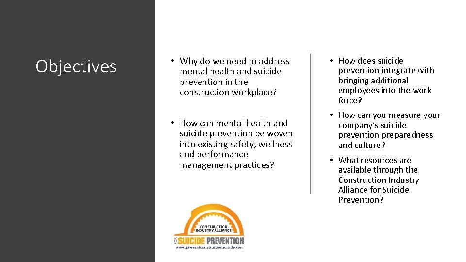 Objectives • Why do we need to address mental health and suicide prevention in