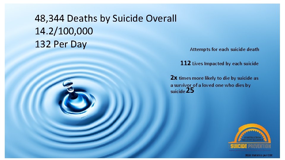 48, 344 Deaths by Suicide Overall 14. 2/100, 000 132 Per Day Attempts for