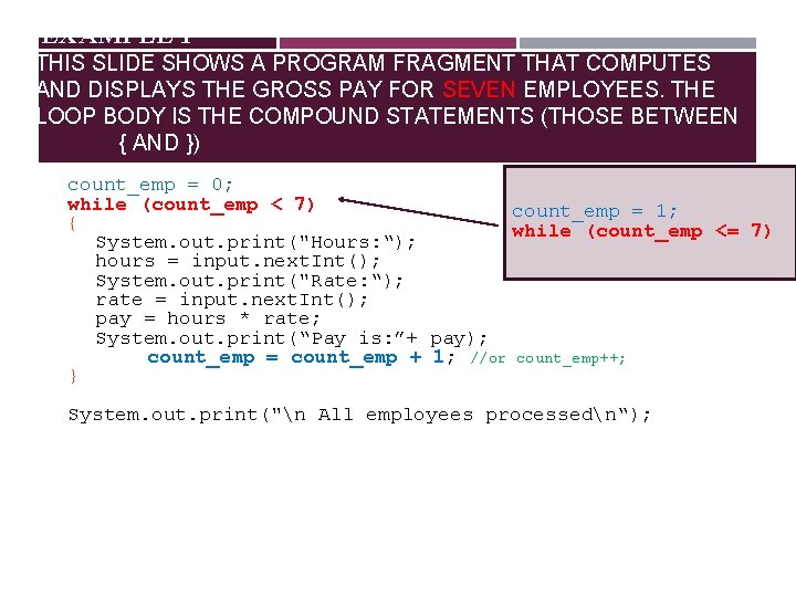 EXAMPLE 1 THIS SLIDE SHOWS A PROGRAM FRAGMENT THAT COMPUTES AND DISPLAYS THE GROSS