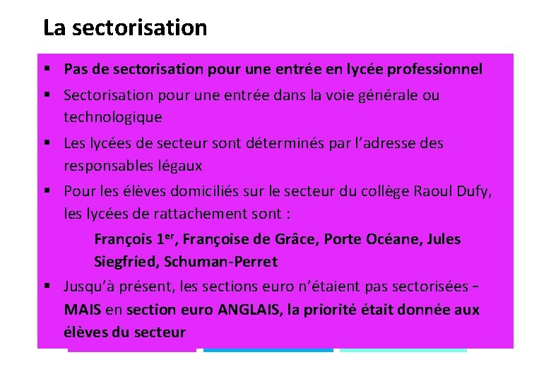 La sectorisation § Pas de sectorisation pour une entrée en lycée professionnel § Sectorisation