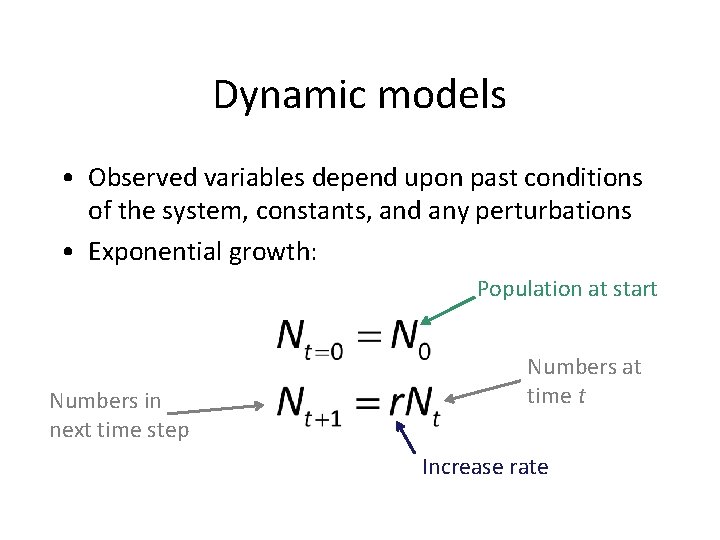 Dynamic models • Observed variables depend upon past conditions of the system, constants, and