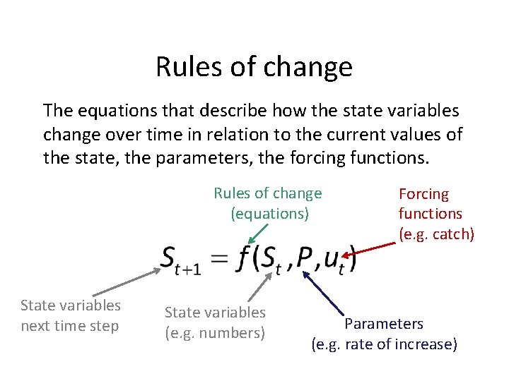 Rules of change The equations that describe how the state variables change over time