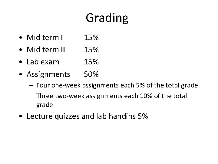 Grading • • Mid term II Lab exam Assignments 15% 15% 50% – Four