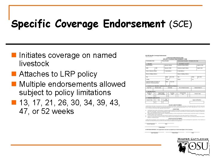 Specific Coverage Endorsement (SCE) n Initiates coverage on named livestock n Attaches to LRP