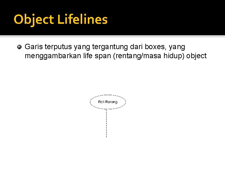 Object Lifelines Garis terputus yang tergantung dari boxes, yang menggambarkan life span (rentang/masa hidup)