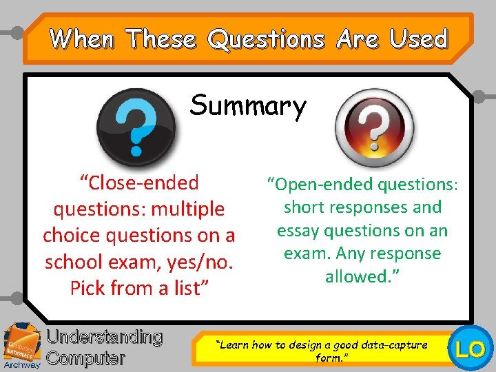 When These Questions Are Used Summary “Close-ended questions: multiple choice questions on a school