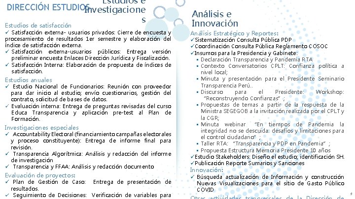 Estudios e DIRECCIÓN ESTUDIOS Investigacione s Estudios de satisfacción ü Satisfacción externa- usuarios privados: