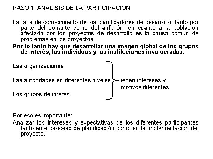 PASO 1: ANALISIS DE LA PARTICIPACION La falta de conocimiento de los planificadores de