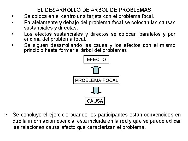  • • EL DESARROLLO DE ARBOL DE PROBLEMAS. Se coloca en el centro