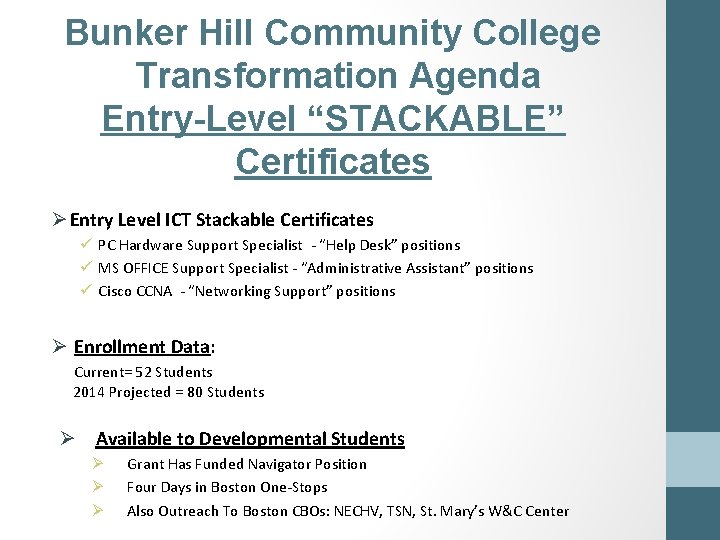 Bunker Hill Community College Transformation Agenda Entry-Level “STACKABLE” Certificates Ø Entry Level ICT Stackable Bunker Hill Community College Transformation Agenda Entry-Level “STACKABLE” Certificates Ø Entry Level ICT Stackable