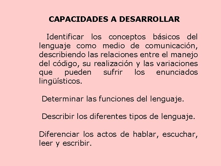 CAPACIDADES A DESARROLLAR Identificar los conceptos básicos del lenguaje como medio de comunicación, describiendo
