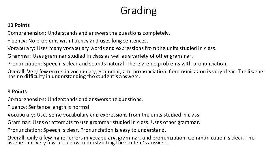 Grading 10 Points Comprehension: Understands and answers the questions completely. Fluency: No problems with