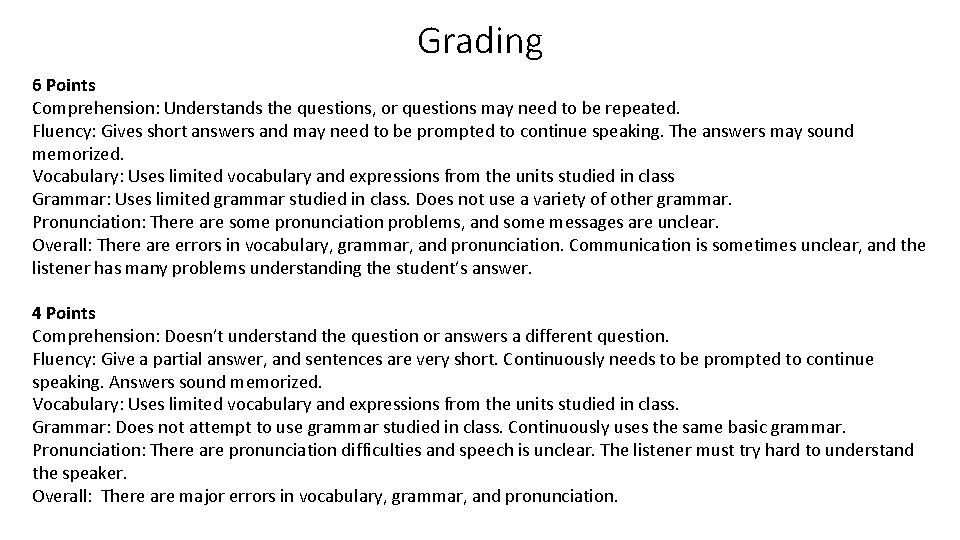Grading 6 Points Comprehension: Understands the questions, or questions may need to be repeated. Grading 6 Points Comprehension: Understands the questions, or questions may need to be repeated.