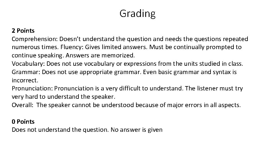Grading 2 Points Comprehension: Doesn’t understand the question and needs the questions repeated numerous Grading 2 Points Comprehension: Doesn’t understand the question and needs the questions repeated numerous