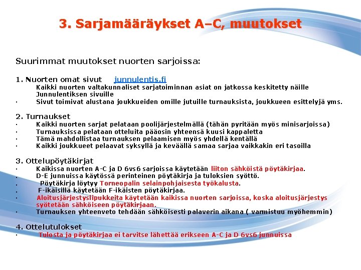 3. Sarjamääräykset A–C, muutokset Suurimmat muutokset nuorten sarjoissa: 1. Nuorten omat sivut · junnulentis.