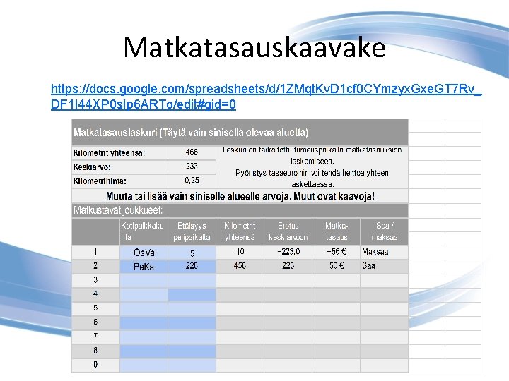 Matkatasauskaavake https: //docs. google. com/spreadsheets/d/1 ZMqt. Kv. D 1 cf 0 CYmzyx. Gxe. GT
