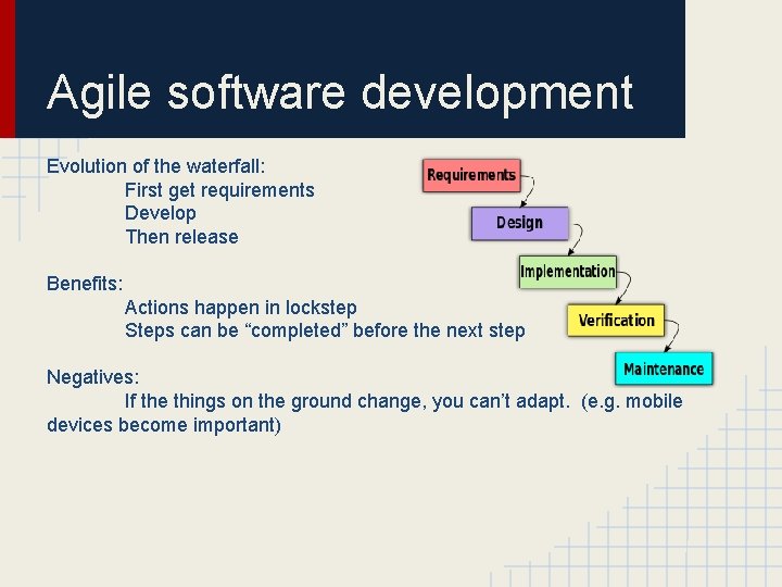 Agile software development Evolution of the waterfall: First get requirements Develop Then release Benefits: