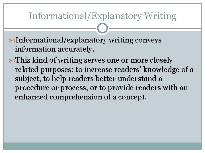 Informational/Explanatory Writing Informational/explanatory writing conveys information accurately. This kind of writing serves one or Informational/Explanatory Writing Informational/explanatory writing conveys information accurately. This kind of writing serves one or