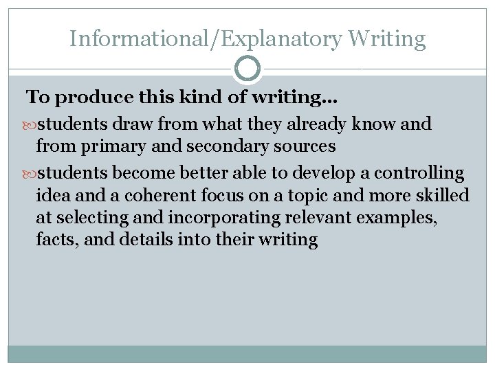 Informational/Explanatory Writing To produce this kind of writing… students draw from what they already Informational/Explanatory Writing To produce this kind of writing… students draw from what they already