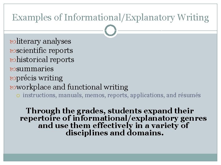 Examples of Informational/Explanatory Writing literary analyses scientific reports historical reports summaries précis writing workplace Examples of Informational/Explanatory Writing literary analyses scientific reports historical reports summaries précis writing workplace