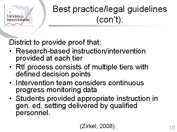 Best practice/legal guidelines (con’t): District to provide proof that: • Research-based instruction/intervention provided at