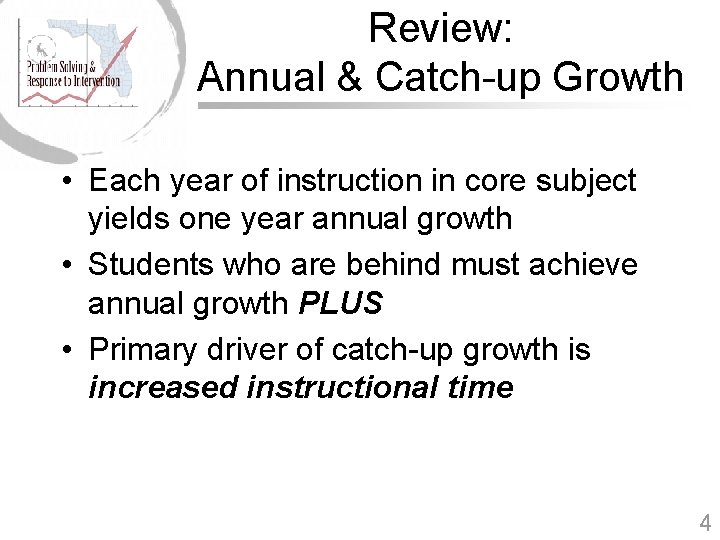 Review: Annual & Catch-up Growth • Each year of instruction in core subject yields
