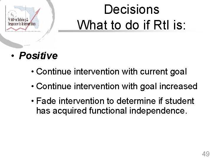 Decisions What to do if Rt. I is: • Positive • Continue intervention with