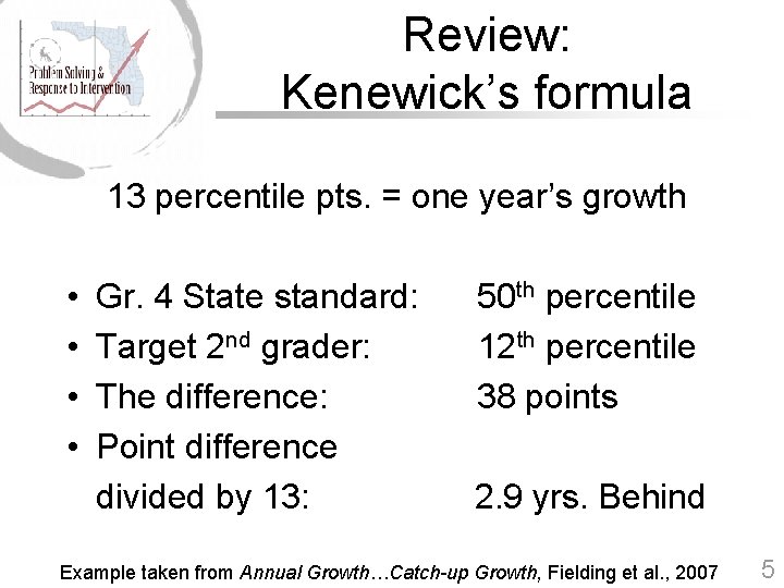 Review: Kenewick’s formula 13 percentile pts. = one year’s growth • • Gr. 4