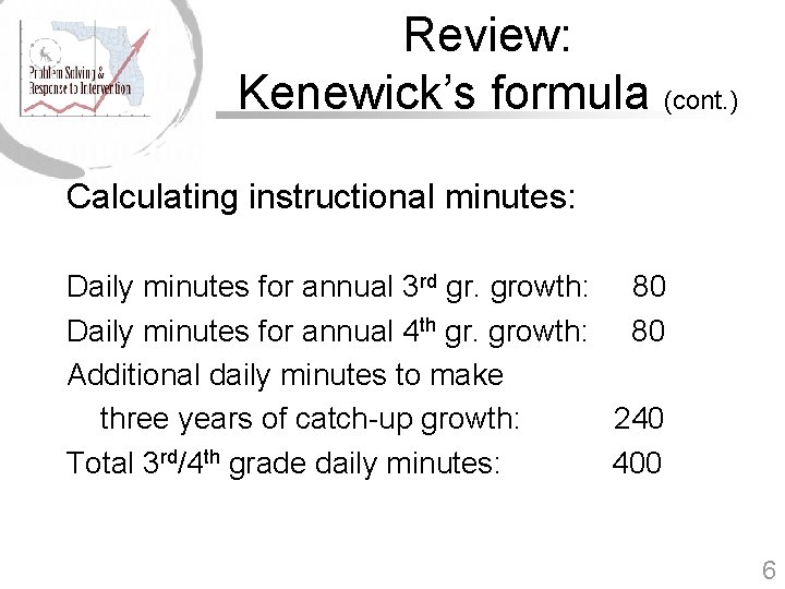 Review: Kenewick’s formula (cont. ) Calculating instructional minutes: Daily minutes for annual 3 rd