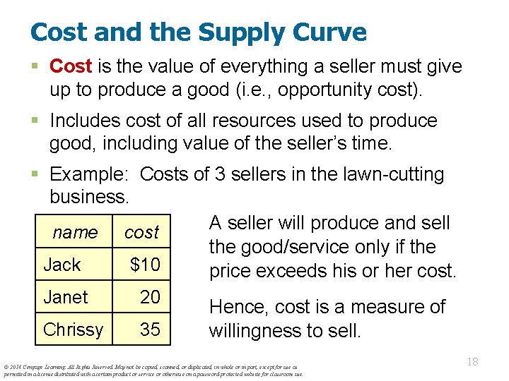 Cost and the Supply Curve § Cost is the value of everything a seller