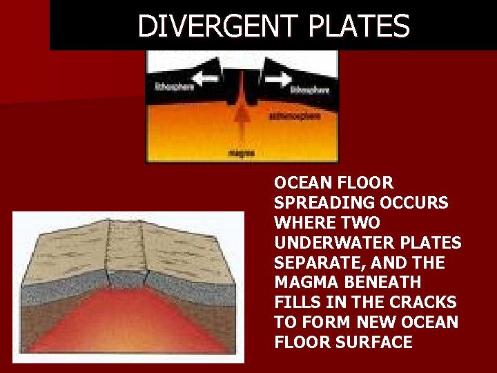 DIVERGENT PLATES OCEAN FLOOR SPREADING OCCURS WHERE TWO UNDERWATER PLATES SEPARATE, AND THE MAGMA