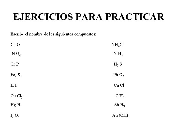 EJERCICIOS PARA PRACTICAR Escribe el nombre de los siguientes compuestos: Ca O NH 4