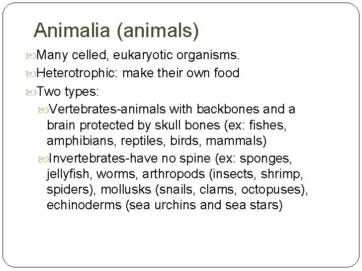 Animalia (animals) Many celled, eukaryotic organisms. Heterotrophic: make their own food Two types: Vertebrates-animals