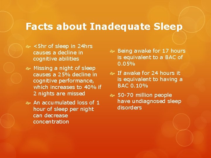 Facts about Inadequate Sleep <5 hr of sleep in 24 hrs causes a decline