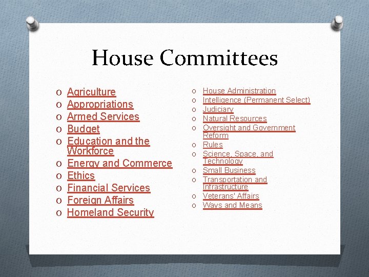 House Committees O O O O O Agriculture Appropriations Armed Services Budget Education and
