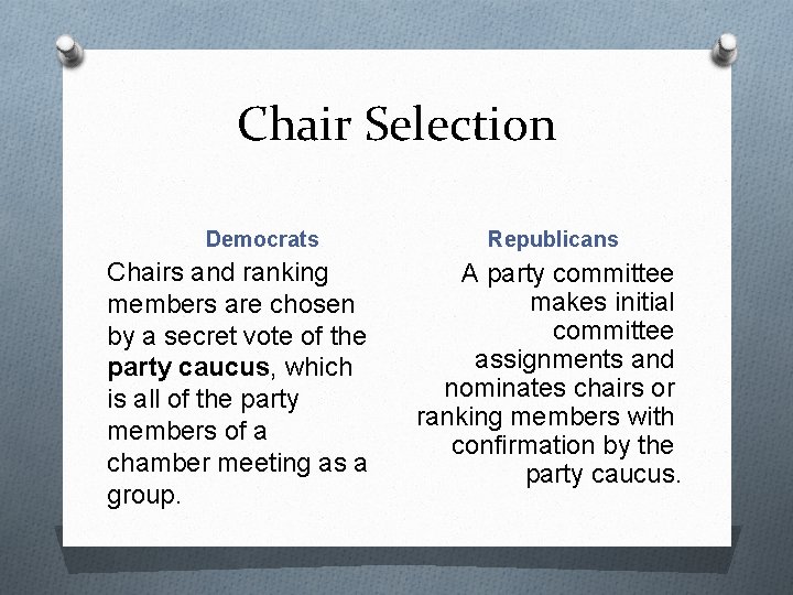 Chair Selection Democrats Chairs and ranking members are chosen by a secret vote of