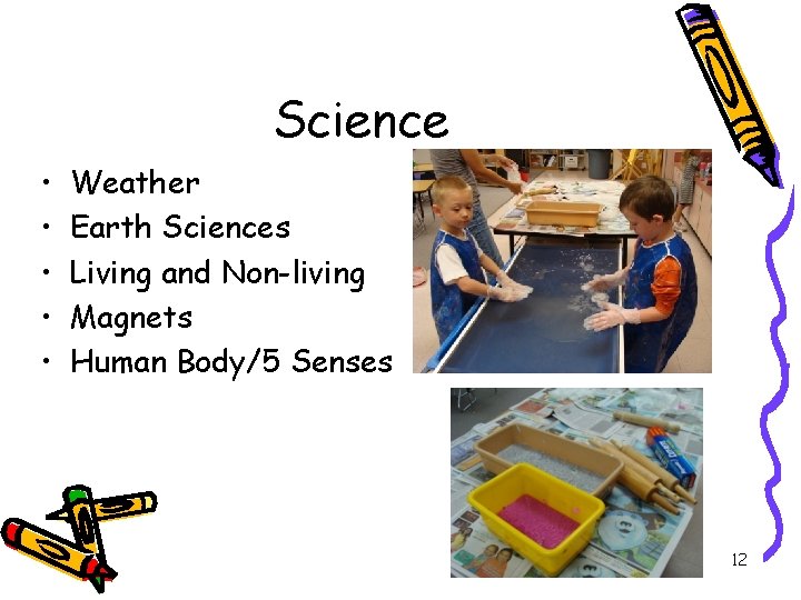 Science • • • Weather Earth Sciences Living and Non-living Magnets Human Body/5 Senses