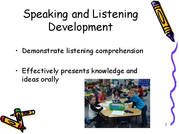 Speaking and Listening Development • Demonstrate listening comprehension • Effectively presents knowledge and ideas