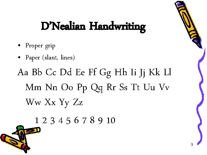 D’Nealian Handwriting • Proper grip • Paper (slant, lines) Aa Bb Cc Dd Ee