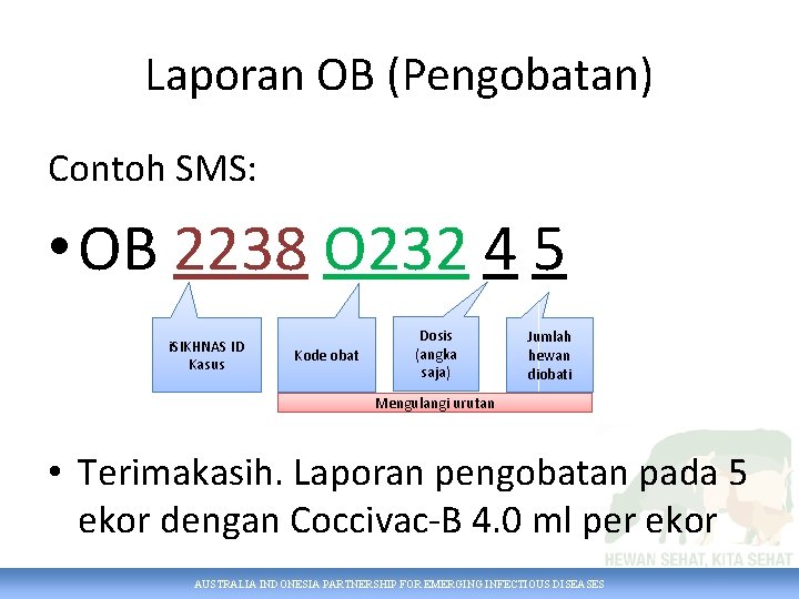 Laporan OB (Pengobatan) Contoh SMS: • OB 2238 O 232 4 5 i. SIKHNAS