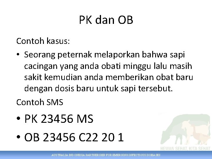 PK dan OB Contoh kasus: • Seorang peternak melaporkan bahwa sapi cacingan yang anda