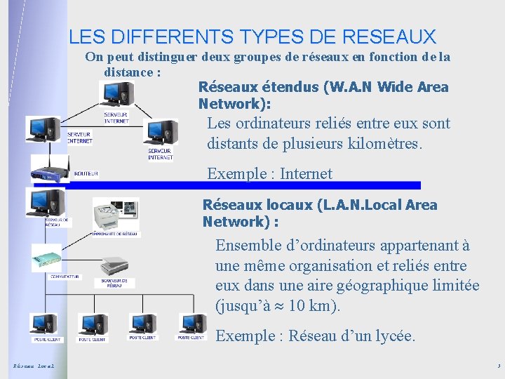 LES DIFFERENTS TYPES DE RESEAUX On peut distinguer deux groupes de réseaux en fonction