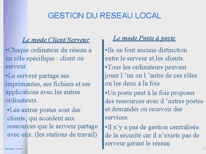 GESTION DU RESEAU LOCAL Le mode Client/Serveur • Chaque ordinateur du réseau a un