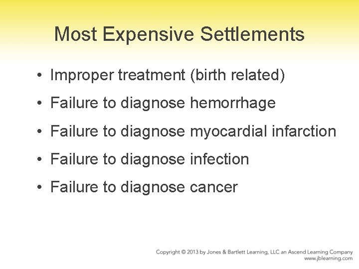 Most Expensive Settlements • Improper treatment (birth related) • Failure to diagnose hemorrhage •