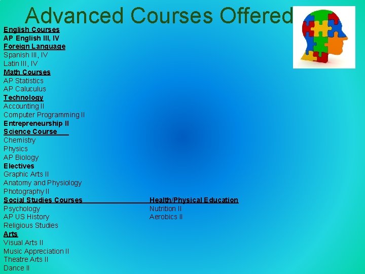 Advanced Courses Offered English Courses AP English III, IV Foreign Language Spanish III, IV