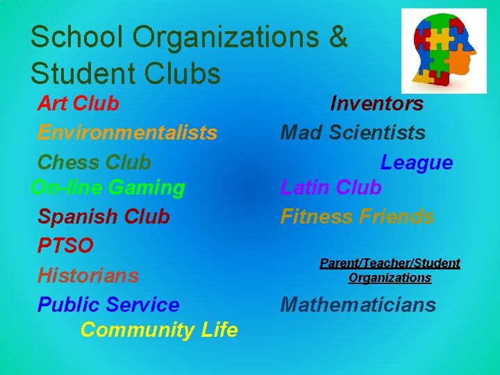 School Organizations & Student Clubs Art Club Environmentalists Chess Club On-line Gaming Spanish Club